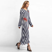 Dress Long Sleeve Women Stripe Embroidery